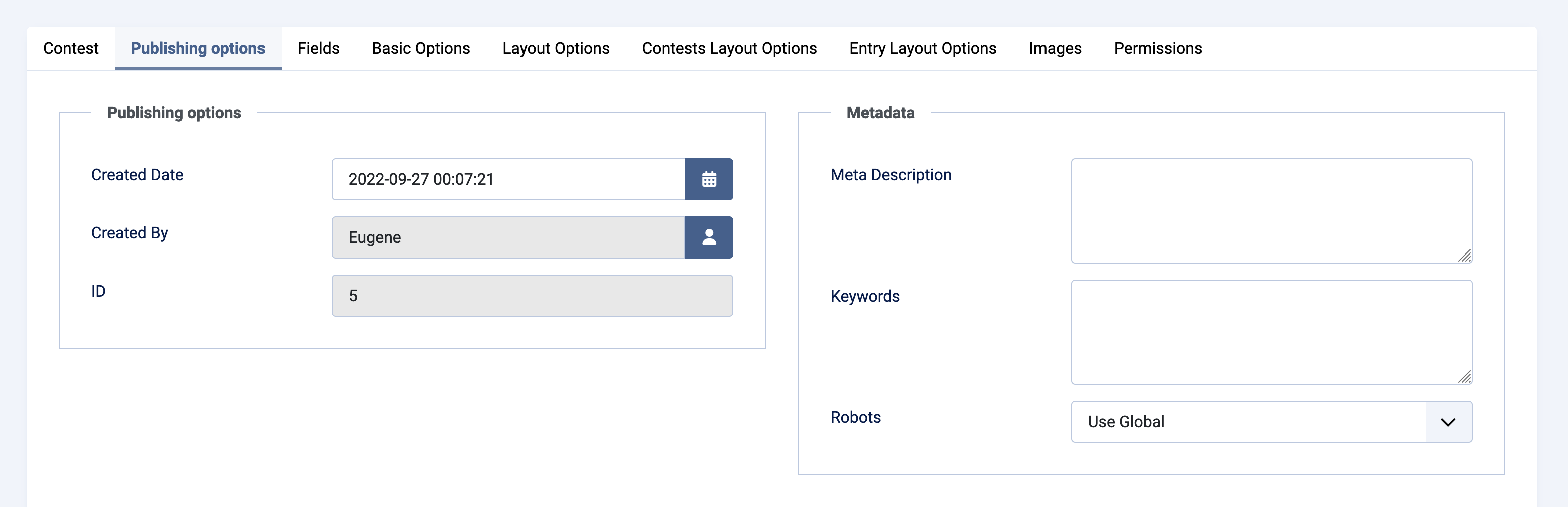 Creating contest - publishing options