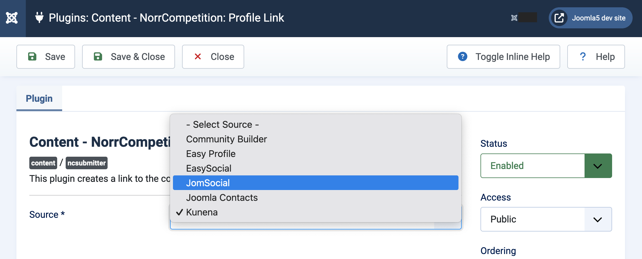 NorrCompetition Profile Link settings
