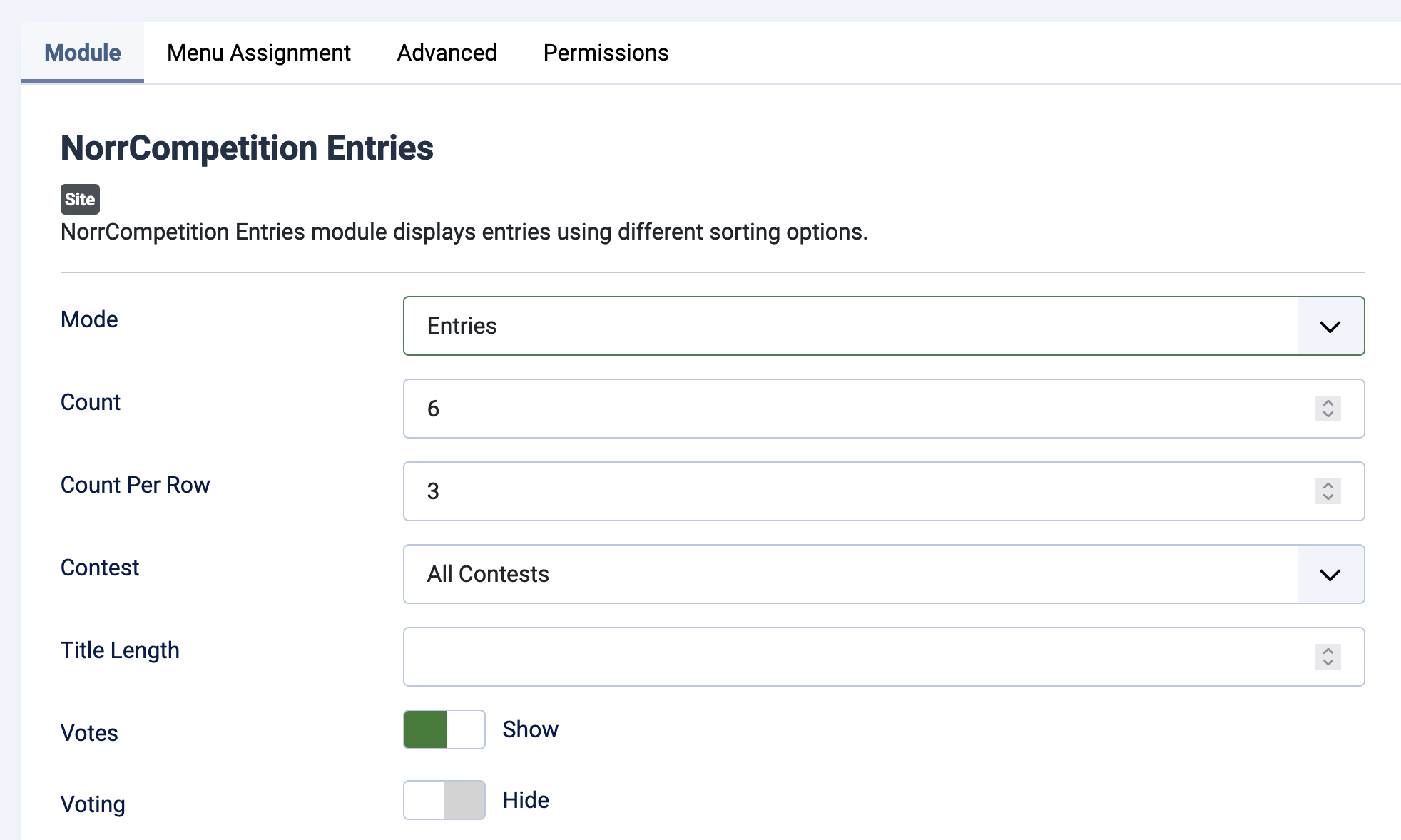 NorrCompetition Entries module - options