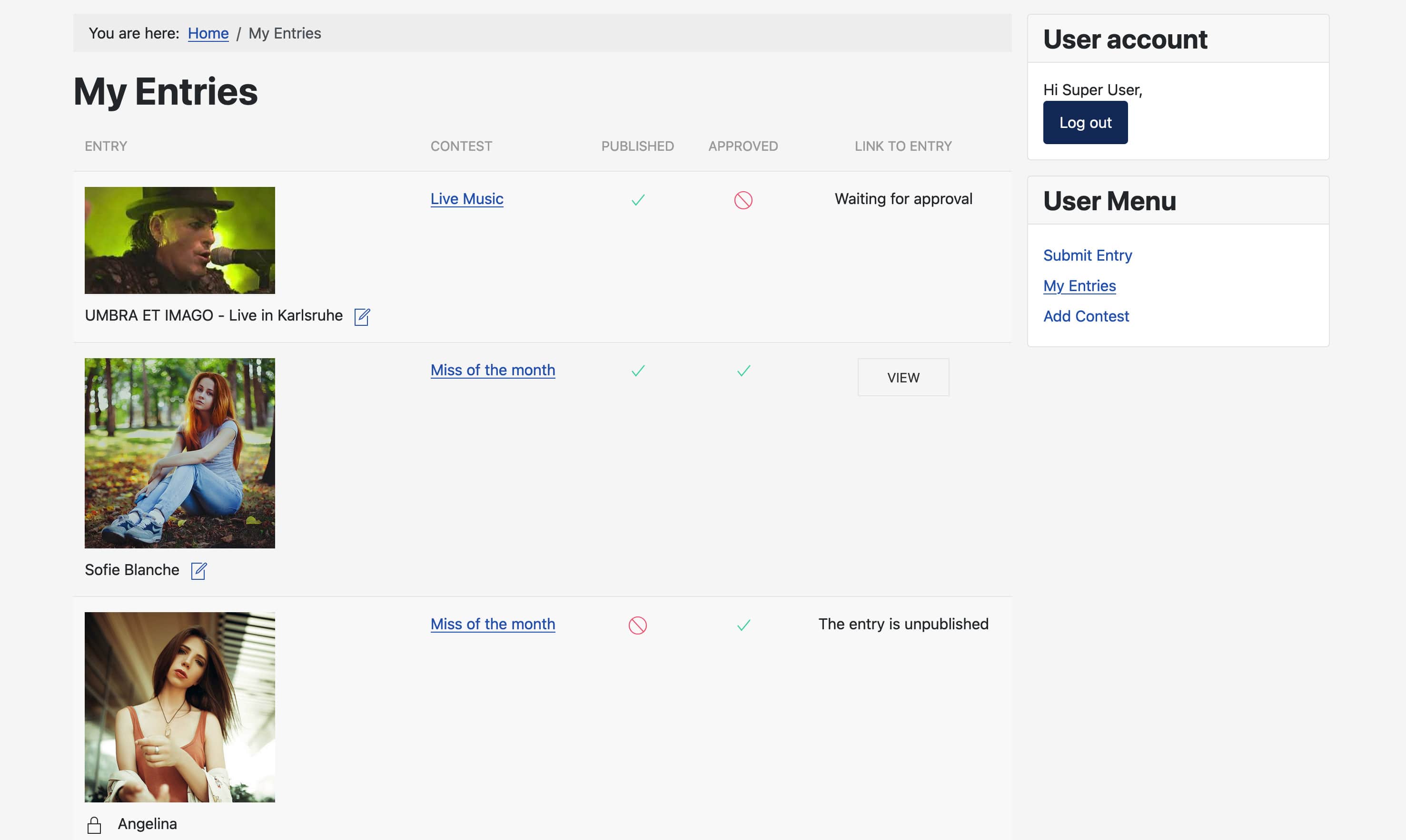 My entries page in NorrCompetition