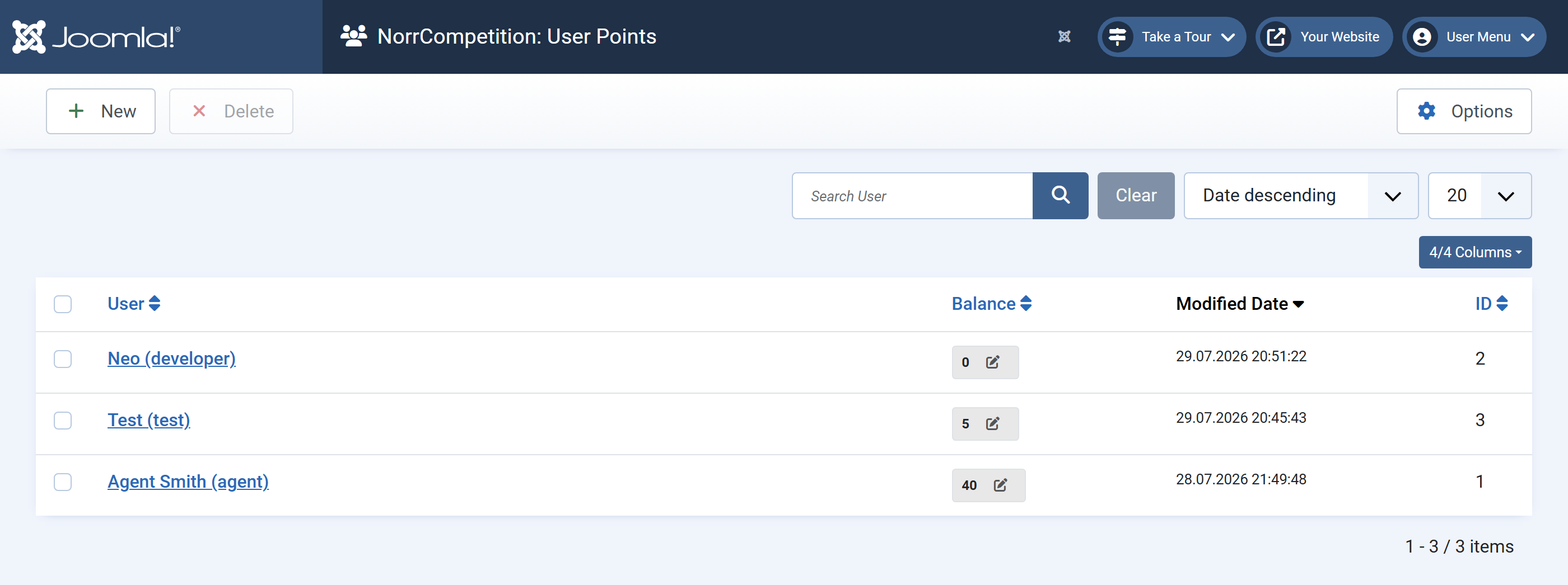User Points administrator list view