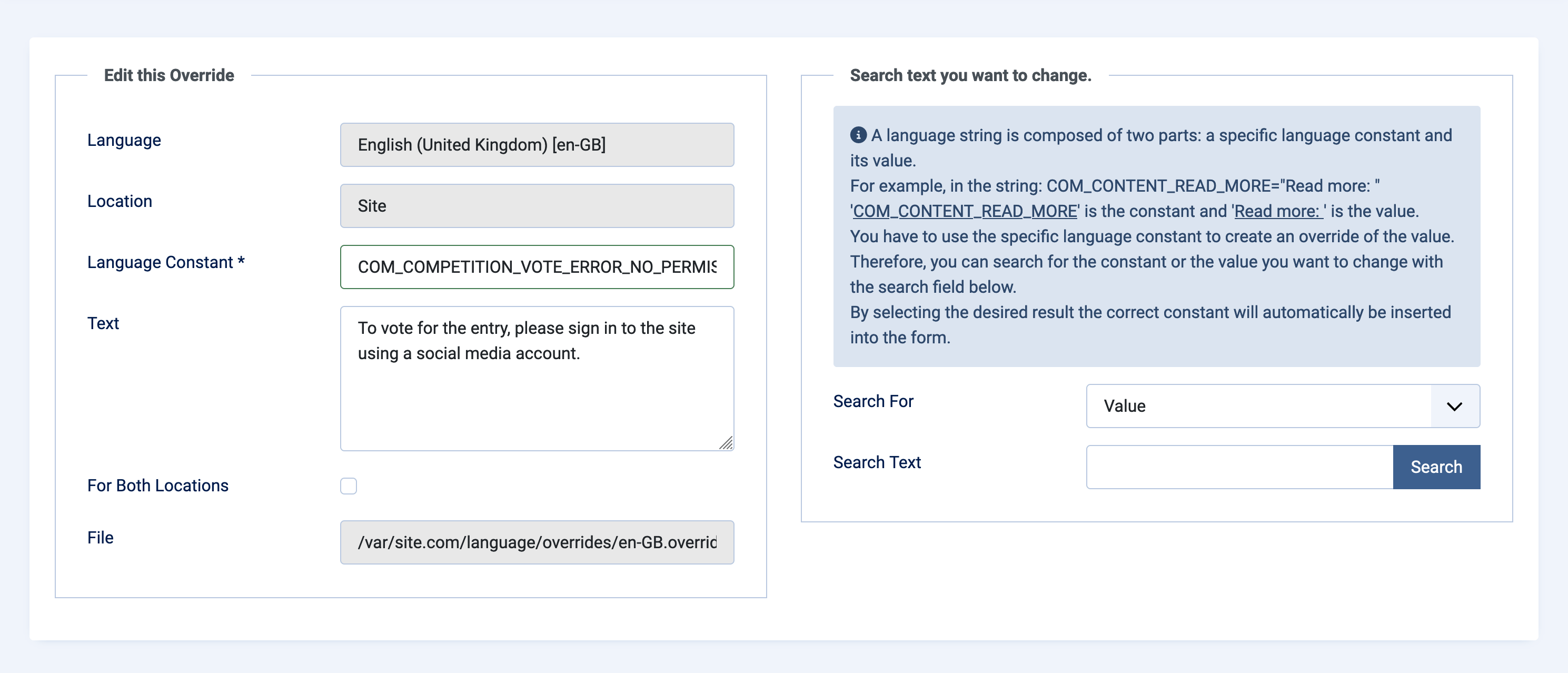 Override language constant in Joomla