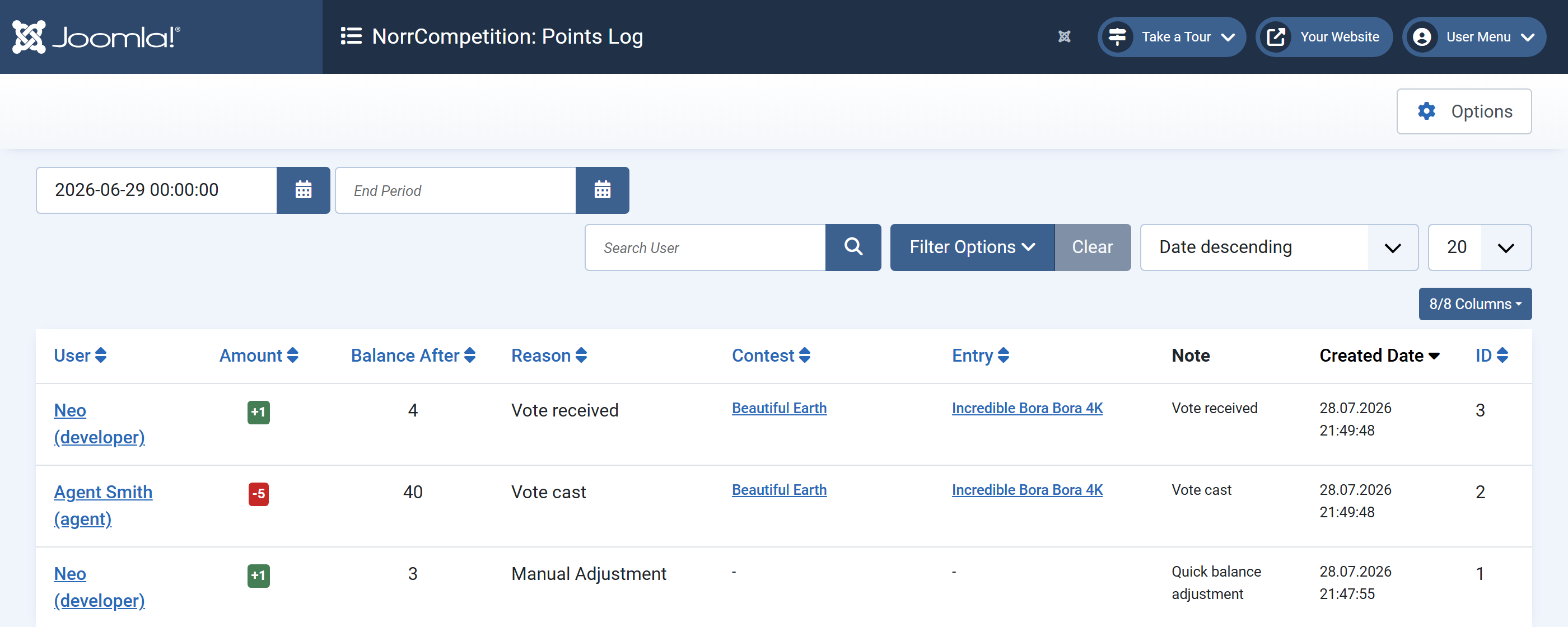Points Log administrator view