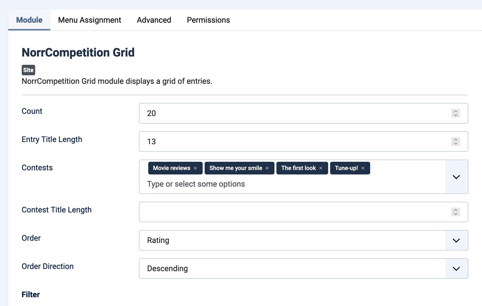 NorrCompetition Grid module settings