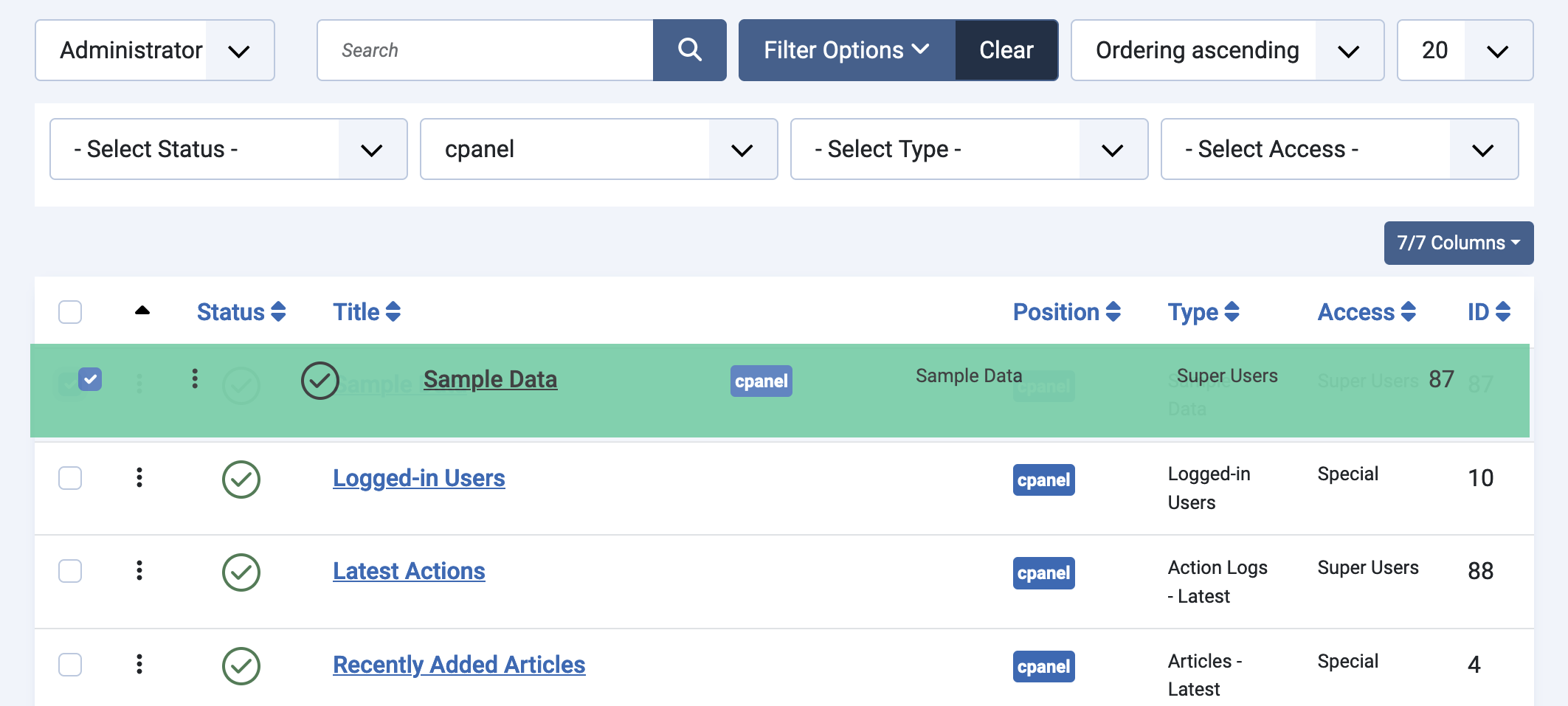 The Sample Data module in Administrator Panel