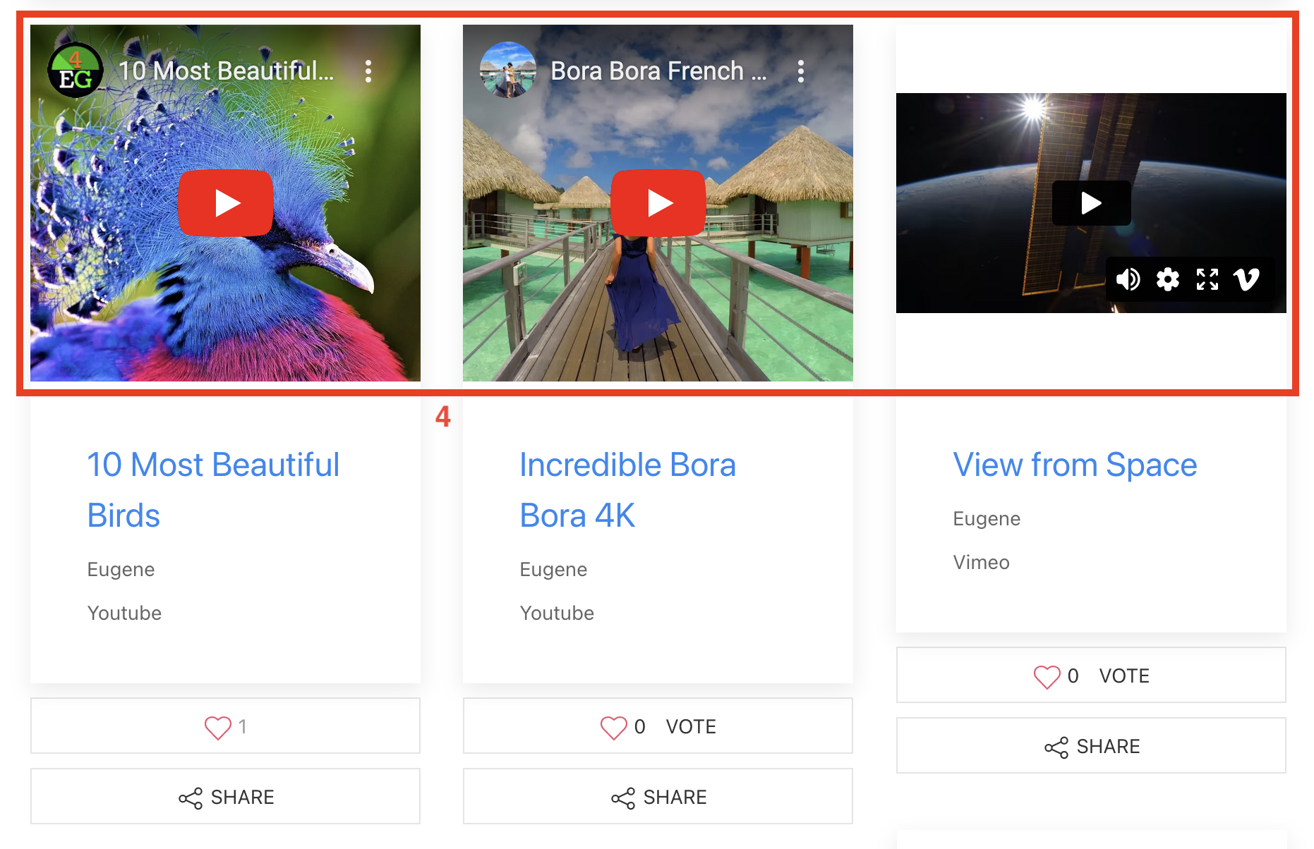 Play video - parameter enabled. Video players embedded instead of thumbnails